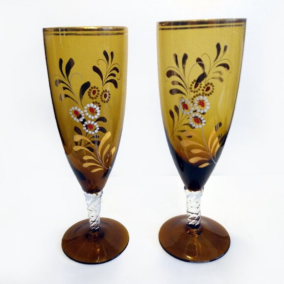 Pair Of Vintage Amber Crystal Flute Glasses-Gold & Flower Accents With Gold Trim - Picture 4 of 9